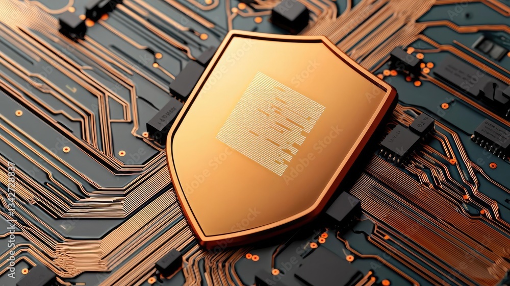 Poster cybersecurity network security and data protection concept. close-up of a copper shield on a modern 