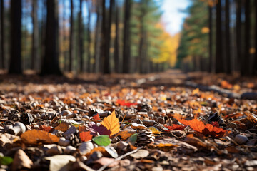 Obraz premium A view of a thick woodland, where sunlight seeps through foliage, creating speckled patterns on ground and beckoning observers to immerse themselves in essence of natural world