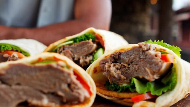 Close-up of a lamb gyro being unwrapped, rich juicy textures with fresh ingredients spilling out, rustic background, warm cozy tones
