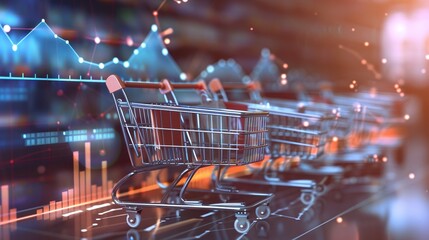 Dynamic retail analytics and e commerce insights visualized in a shopping cart against a futuristic digital backdrop with data charts and graphs