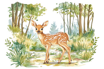 A young deer stands gracefully in a woodland setting, showcasing its spotted coat amidst lush greenery.