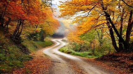 Fototapeta premium Serene Winding Path Through Colorful Autumn Foliage in the Evening Light