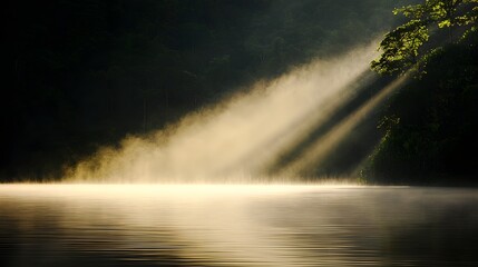 Serene Morning Mist Over Calm Water Reflecting Sunlight in Tranquil Nature Setting