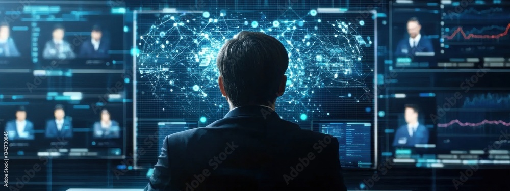 Poster businessman analyzing data on digital display with graphs and charts