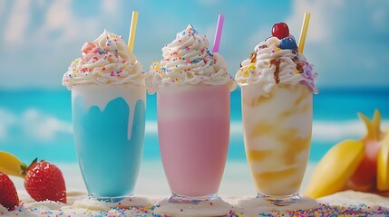 A beachside milkshake bar with vibrant milkshakes sprinkles and whipped cream tropical vibes