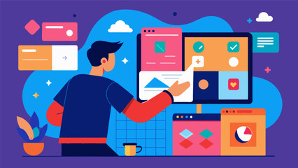 Obraz premium The layout designer adding final touches to the layout by arranging articles and photos in a visually appealing way.. Vector illustration