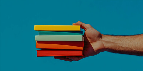 Hand Holding Stacked Colorful Books Against Bright Blue Backgrounds With Yellow Green Orange Red Cyan Colors  Artistic Composition of Book Stack With Hand Held in Close Up View
