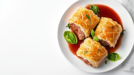 Three delicious savory sausage rolls are presented on a white plate with a rich red berry sauce and fresh basil garnish against a bright white background.