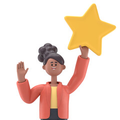 3D illustration of african american woman Cocon waving hand saying hi and holding a big star.Transparent Background Mockup. Supports PNG files with transparent backgrounds.