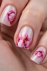 Sheer Blush Nails with Soft Peony Watercolor Art.