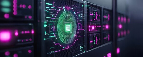 Obraz premium Cybersecurity database security in technology transfer concept. Futuristic computer data processing with vibrant digital display.