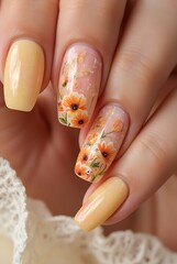 Golden Sunrise Nails with Blooming Poppy Art.