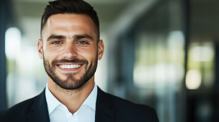 close up portrait of confident businessman with charming smile, dressed in formal suit, exuding professionalism and approachability in modern office setting
