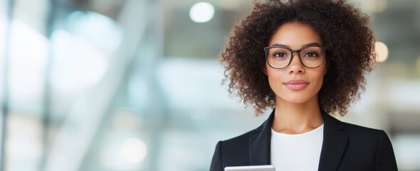 confident female management consultant with curly hair and glasses, holding smartphone in modern office environment. She exudes professionalism and determination