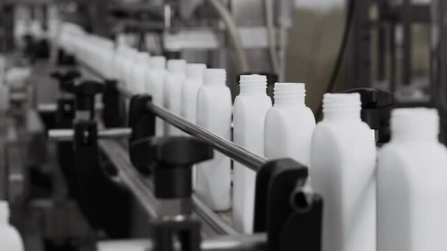 A worker in a cosmetics factory wearing gloves places empty plastic bottles on a conveyor. Plastic bottle manufacturing plant. White empty plastic bottles move along a conveyor in a factory.