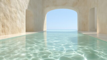 Serene infinity pool overlooking the ocean.  A tranquil, minimalist architectural space featuring a long, shallow pool reflecting the azure sky and sea beyond an arched opening.  