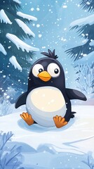 Cartoon penguin gliding joyfully on frosty terrain. Vertical