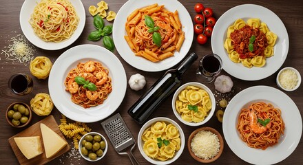 Delicious pasta dishes arranged beautifully warm light. AI Generated