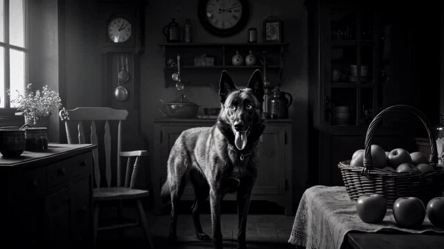 A loyal dog stands in a rustic kitchen, surrounded by vintage decor and a basket of apples - dutch shepherd dog