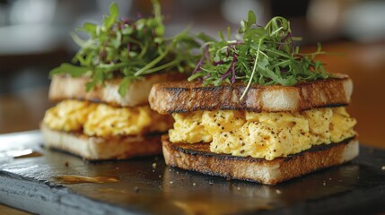 A culinary masterpiece unfolds: golden-brown scrambled egg sandwiches adorned with peppery arugula microgreens, a symphony of textures and tastes that tantalizes the taste buds.