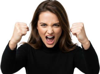 Angry Woman with clenched fists furious expression close up portrait