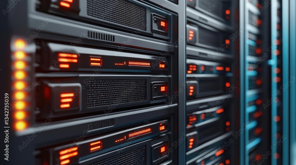 Poster cybersecurity cyberspace protection and network security concept. high-tech data center with servers