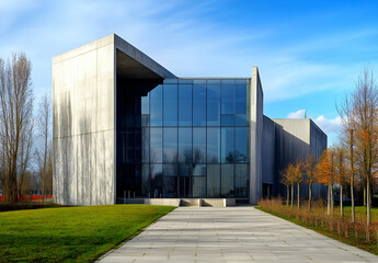 Modern Concrete Building with Glass Facade Surrounded by Lush Landscaping on Sunny Day with Clear Blue Sky Featuring Geometric Design Elements and Symmetry in Exterior View