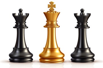 Chess pieces with gold king and two black queens on white