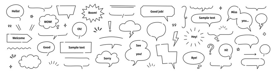 Line frame text speech bubble set. Line balloon frame design talk speech bubble frame. Comic japan style design background text dialog balloon, simple doodle cloud, box border. Vector illustration