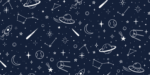 Space star vector seamless pattern. Hand drawn doodle sketch line style galaxy planet star, rocket, moon cute kid seamless pattern. Space planet kid doodle background. Vector illustration © Polina Tomtosova