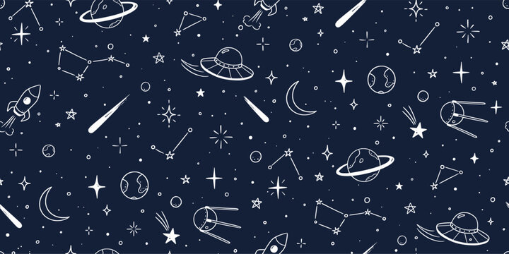 Space star vector seamless pattern. Hand drawn doodle sketch line style galaxy planet star, rocket, moon cute kid seamless pattern. Space planet kid doodle background. Vector illustration