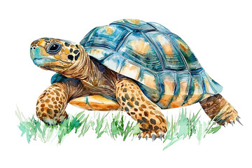 Obraz premium A detailed, artistic representation of a tortoise with a colorful shell, moving across vibrant green grass.
