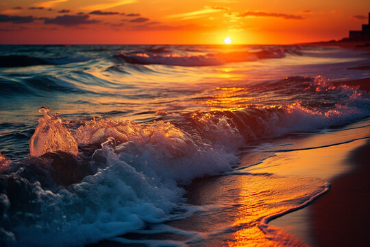 As sun gracefully descended beneath horizon, casting a warm golden glow upon tranquil ocean, rhythmic lapping of gentle waves against shore filled air with a soothing melody, leaving one in awe of nat