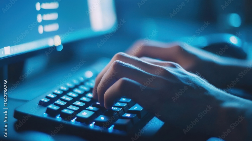 Poster hands typing on a computer keyboard in a dark room with blue light