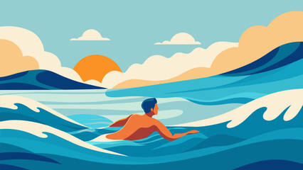 A picturesque view of a person enjoying a gentle swim in the ocean using the natural movements of the waves to relax and rejuvenate.. Vector illustration