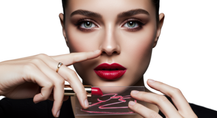 Beautiful Woman Applying Red Lipstick Closeup Makeup Shot Cosmetics