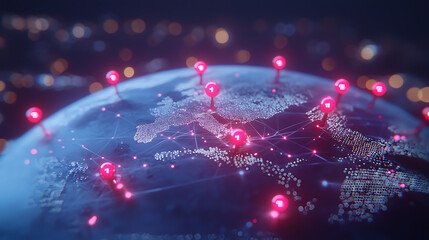 Global network visualization of digital connectivity international graphic design night aerial view technology insights