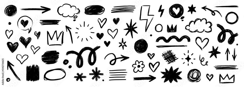 Aufkleber pencil brush shape line element set. hand drawn sketch doodle crayon kid chalk texture color element