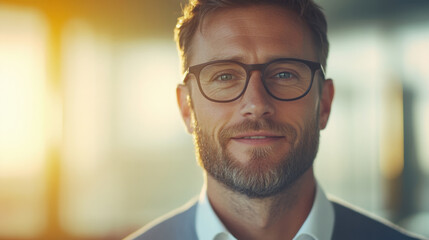 Obraz premium man smiling confidently, wearing glasses, with warm background glow. His expression conveys positivity and approachability, making him relatable and engaging