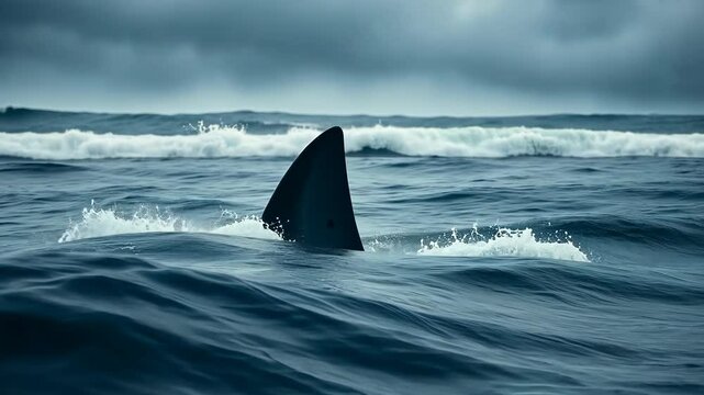 Dark Triangular Shark Fin Breaks Surface Amidst Grey Waves and Stormy Ocean