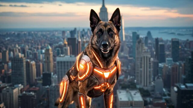 Futuristic dog in illuminated armor poses on a rooftop with a city skyline at sunset - dutch shepherd dog