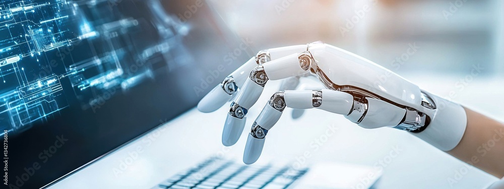 Poster robotic hand interacting with technology in a modern workspace