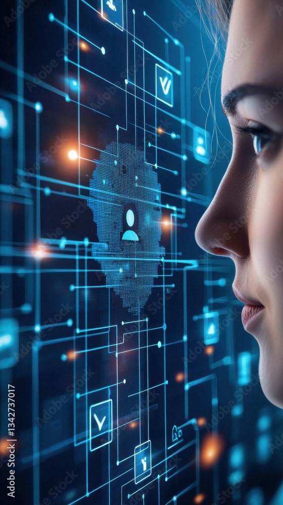 Poster woman profile side view with digital data network background