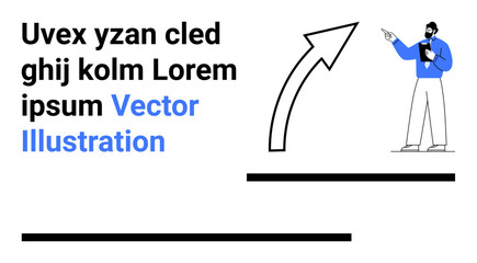 Man in formal attire pointing at upward arrow with bold text blocks. Ideal for business planning, growth concepts, teamwork, education, presentations, analytics, simple landing page