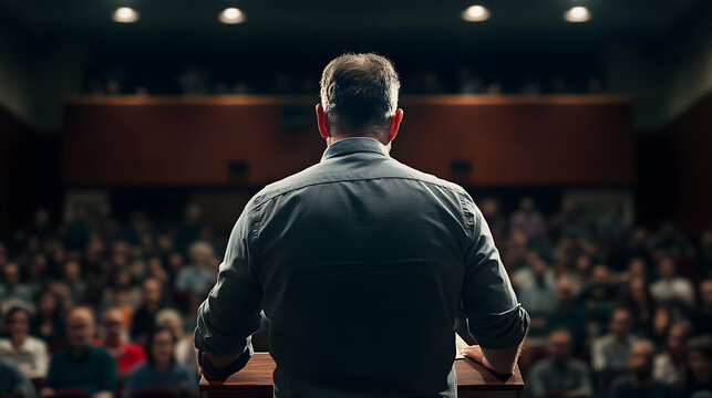 Passionate male speaker standing confidently at a podium during an engaging speech to a captivated audience at a public speaking event.