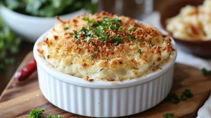 A golden mound of cheesy perfection, crowned with crispy breadcrumbs, a symphony of textures and tastes, perfect for satisfying a cheesy craving.