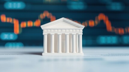 A bank model placed with a financial stock market chart displayed, symbolizing economic stability. Investing in banking sector stocks or financial institutions.