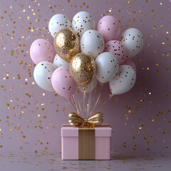 A beautiful pink gift box with a golden bow, surrounded by pink and gold confetti-filled balloons, creating a chic and elegant atmosphere perfect for a celebration or birthday party.