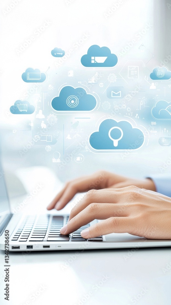 Poster hands typing on laptop with cloud computing icons in background