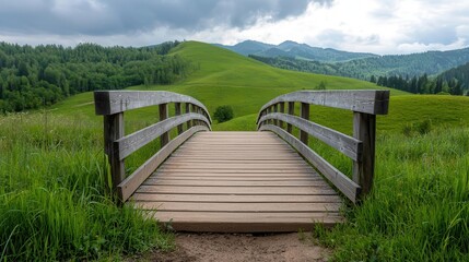 Fototapeta premium Multitiered wooden bridge connecting hillside farms, providing scenic views of the surrounding rural valley